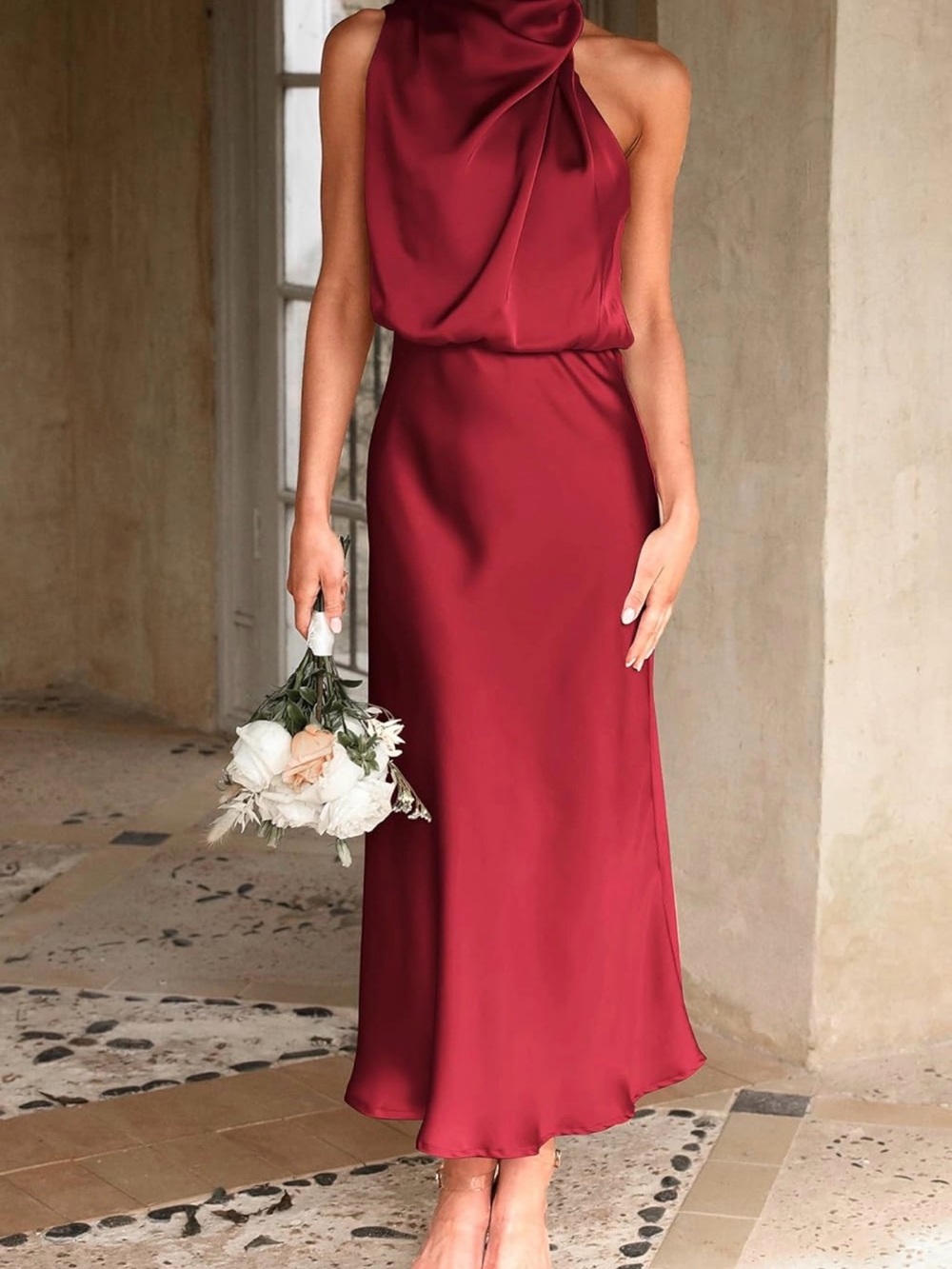 Pretty Garden Satin Halter Neck Wedding Guest Dress